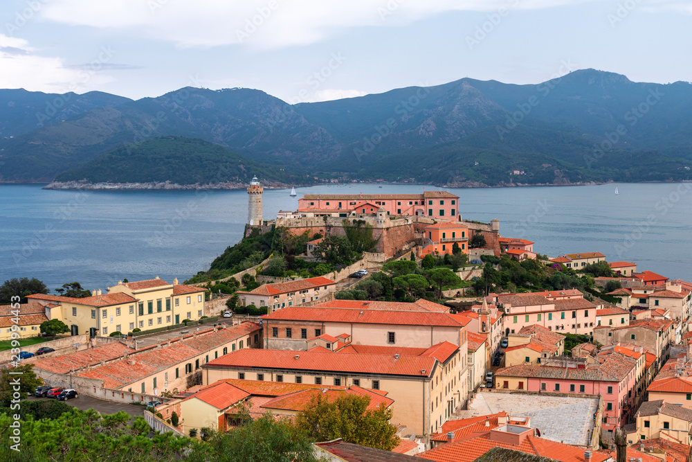 Beautiful panoramic view of the city Portoferraio and Stella fortress of Elba island. Tuscany region, Italy