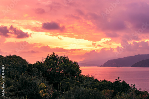 Beautiful purple sunset on Elba Island. Tuscany, Italy