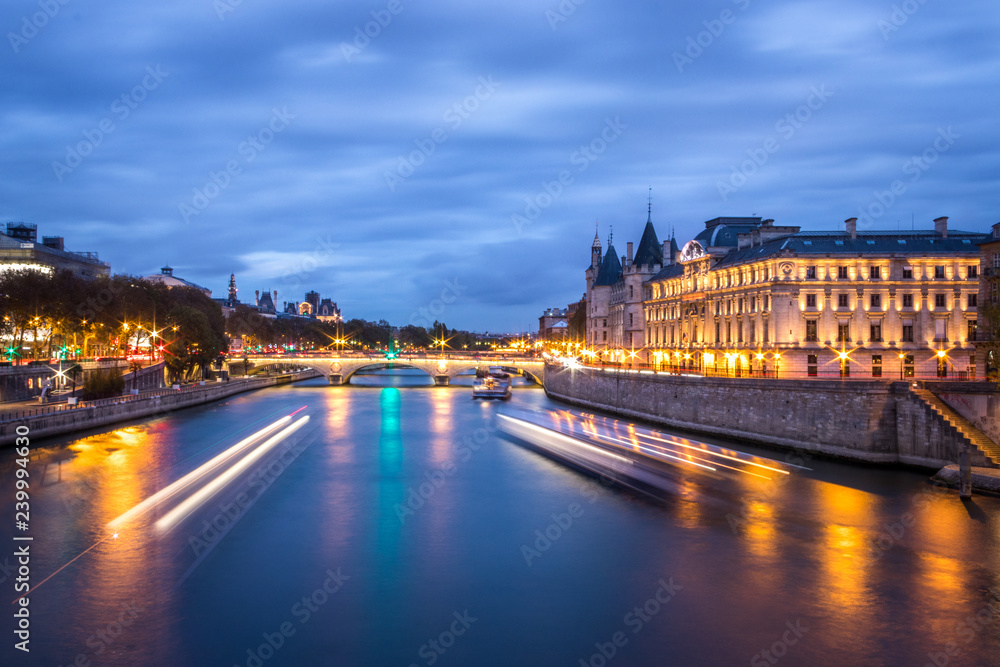 Long exposure Seine river in Paris at the blue hour