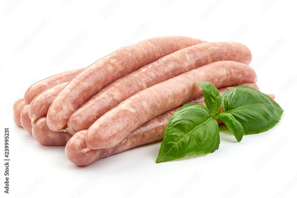 Raw Homemade Sausage with basil leaf, close-up, isolated on white background Raw Homemade Sausage with basil leaf, close-up, isolated on white background