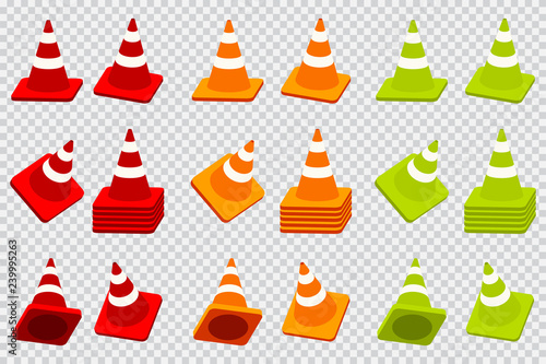 Traffic cone vector cartoon icons set isolated on a transparent background.
