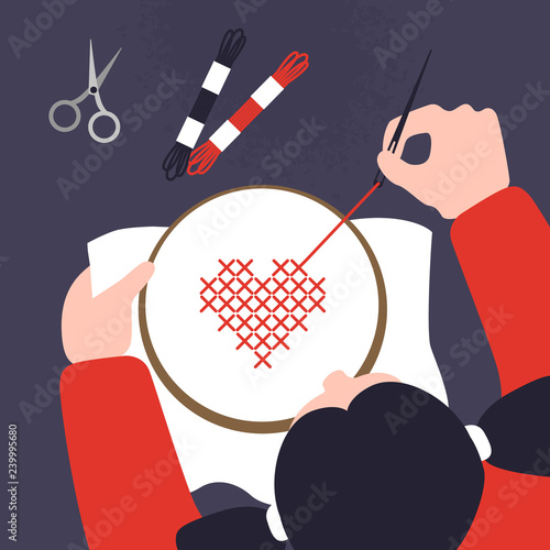 Top view of a table with cross stitching hands. Vector illustration of sewing workshop. Creative craftwork lab template. Threads, scissors, hoops and other accessories for embroidery.