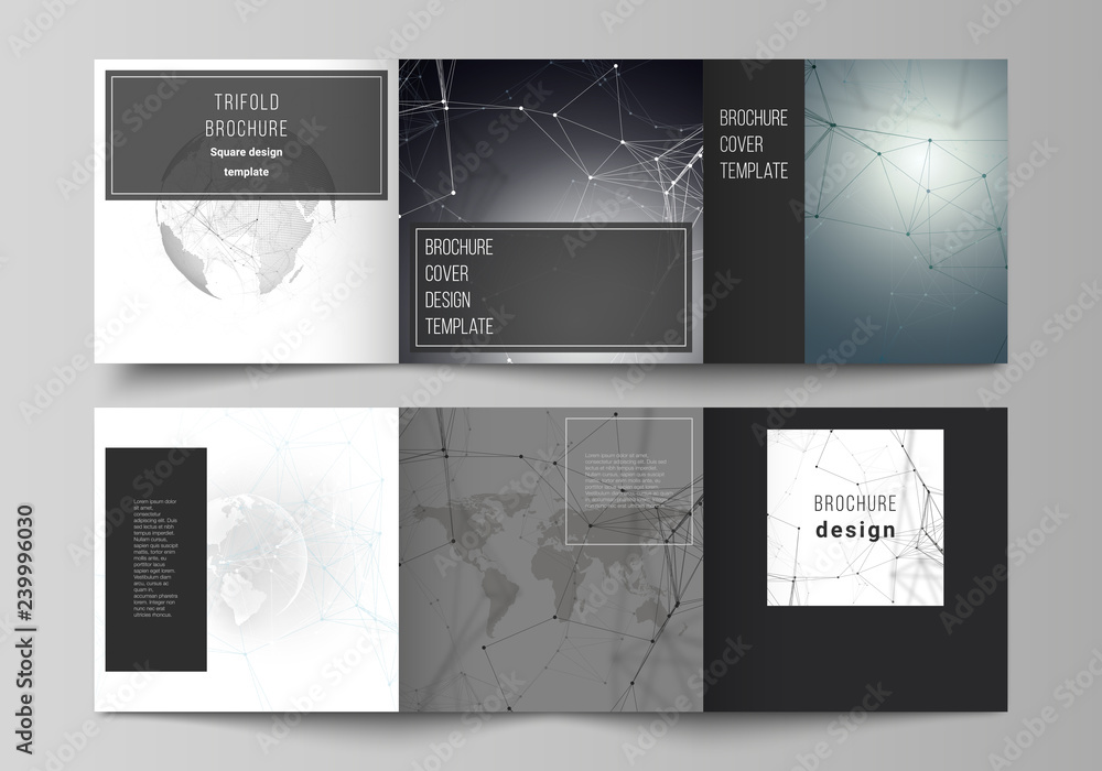 Vector layout of square format covers design templates for trifold brochure, flyer. Futuristic design with world globe, connecting lines and dots. Global network connections, technology concept.