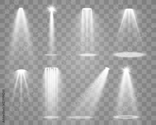 Stage lighting, a collection of transparent effects. Bright lighting with spotlights. Vector illustration.