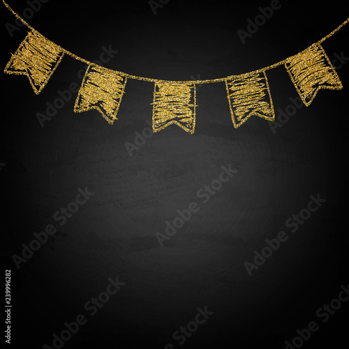 Chalkboard background with golden drawing bunting flags
