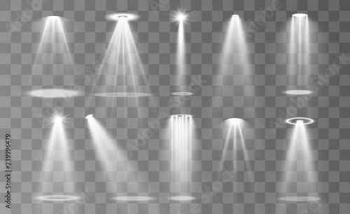 Stage lighting  a collection of transparent effects. Bright lighting with spotlights. Vector illustration.