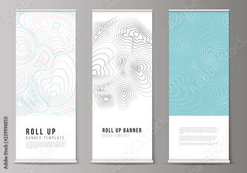 The vector illustration of the editable layout of roll up banner stands, vertical flyers, flags design business templates. Topographic contour map, abstract monochrome background.