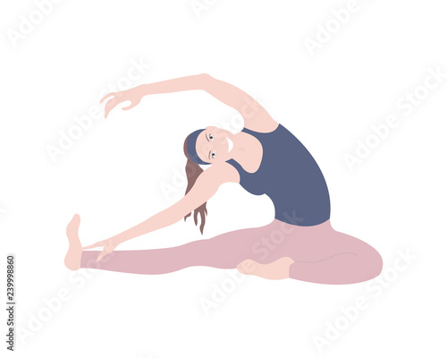 Woman involved in sports: sitting in a pose doing stretching. Exercise for health, yoga. Vector illustration on white background. 