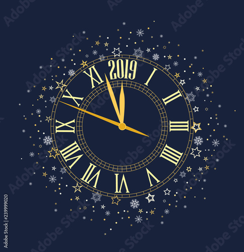 Happy New Year 2019, vector illustration Christmas background with clock showing year