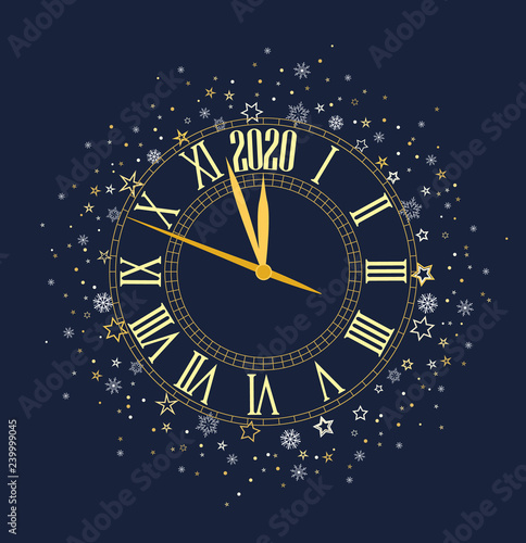 Happy New Year 2020, vector illustration Christmas background with clock showing year