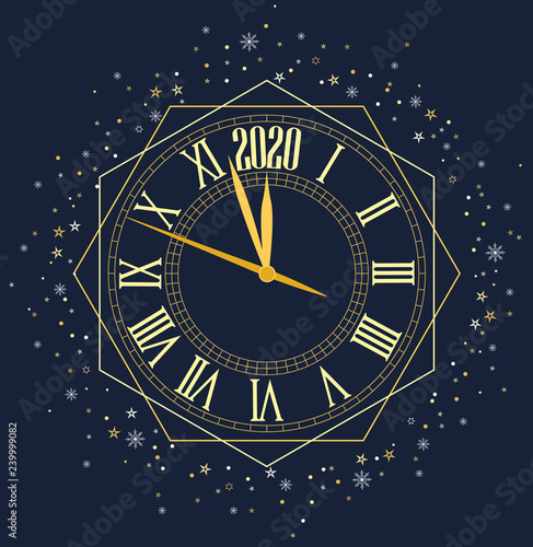 Happy New Year 2020, vector illustration Christmas background with clock showing year
