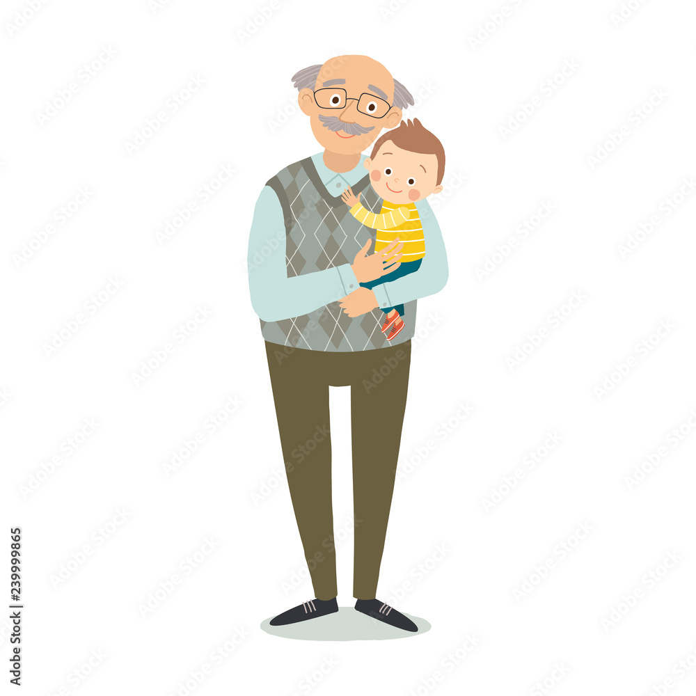 Grandfather with grandson. Family photo. Grandparents day greeting card concept. Cartoon vector hand drawn eps 10 illustration isolated on white background in a flat style