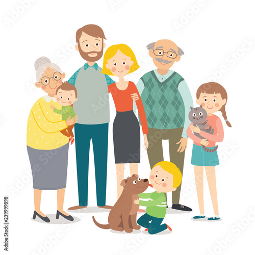 Happy family. Father, mother, grandfather,grandmother, children and pets. Family portrait. Cartoon vector hand drawn eps 10 childrens illustration isolated on white background in a flat style.