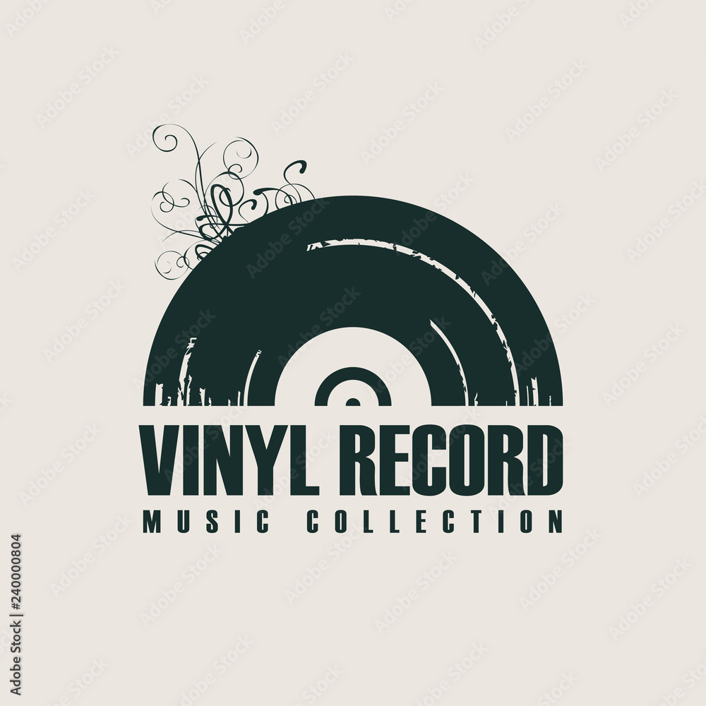 Naklejka premium Vector music icon or logo with black vinyl record in retro style with words Vinyl record, Music collection