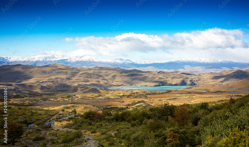 Scenic panorama of the Torres del Paines National Park, Patagonia, Chili