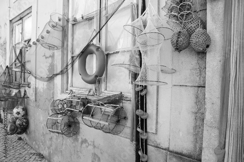 Fishing gear for sale. Portugal. Black and white photo