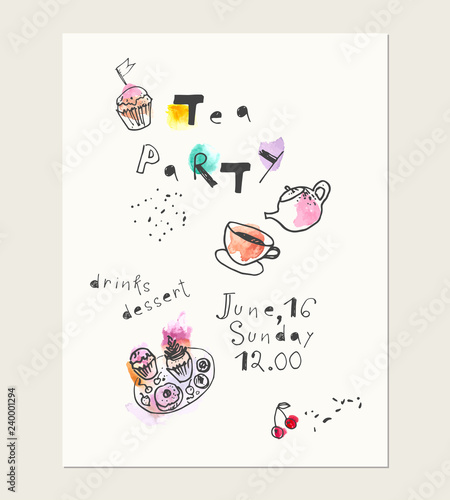 Hand drawn ink and watercolor card with doodle style illustrations.