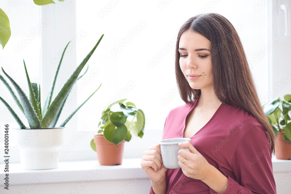Young attractive girl sitting alone near big window in coffee shop during free time and working Young attractive girl sitting alone near big window in coffee shop during free time and working