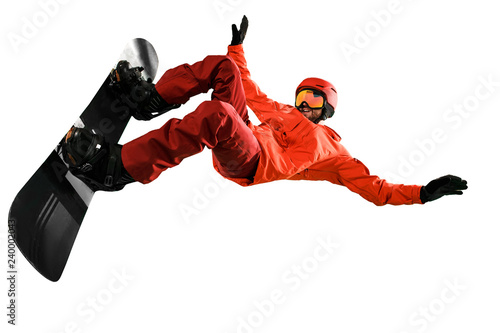 Canvas Print Portrait of young man in sportswear with snowboard isolated on a white studio background