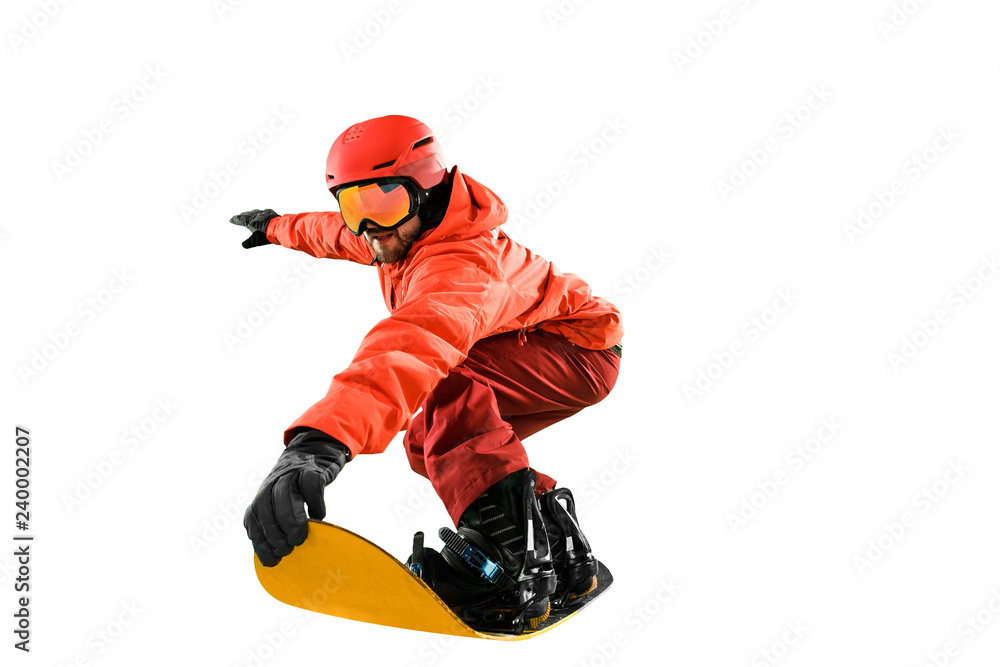 Portrait of young man in sportswear with snowboard isolated on a white studio background. The winter, sport, snowboarding, snowboarder, activity, extreme concept Portrait of young man in sportswear with snowboard isolated on a white studio background. The winter, sport, snowboarding, snowboarder, activity, extreme concept