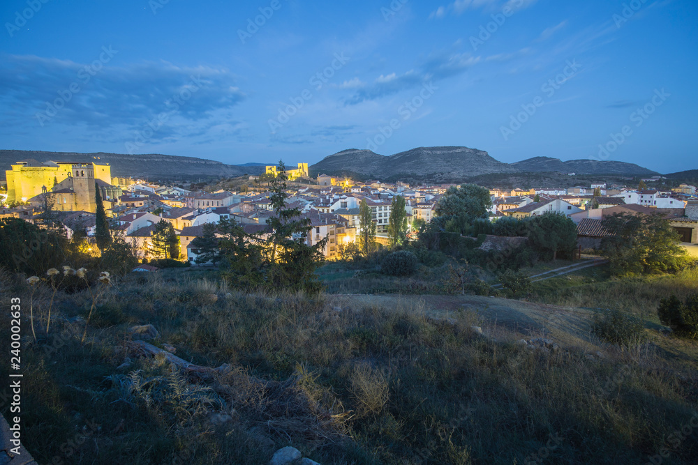 View of spanish town in evening Mora de Rubielos Teruel Aragon Spain
