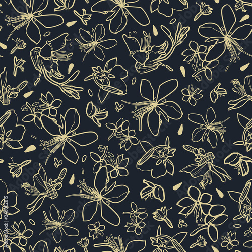 Black vector repeat pattern with golden line art lily. Festive Christmas pattern. Surface pattern design.