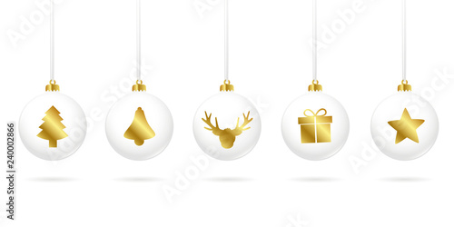 white christmas balls with golden decoration christmas tree bell reindeer gift and star vector illustration EPS10