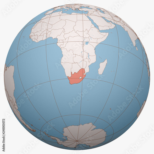 South Africa on the globe. Earth hemisphere centered at the location of the Republic of South Africa (RSA). South Africa map.