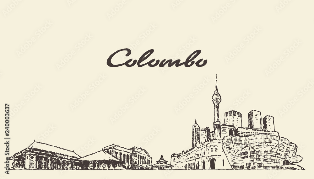 Colombo skyline Shri Lanka drawn vector sketch