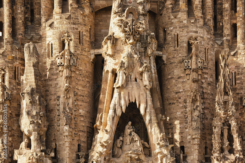 BARCELONA, SPAIN - September, 25th, 2018: Front facade of Sagrada Familia church in Barcelona, masterpiece of Antonio Gaudi still under construction