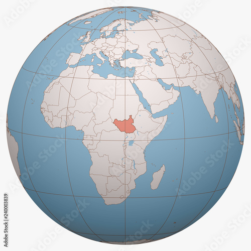 South Sudan on the globe. Earth hemisphere centered at the location of the Republic of South Sudan. South Sudan map.