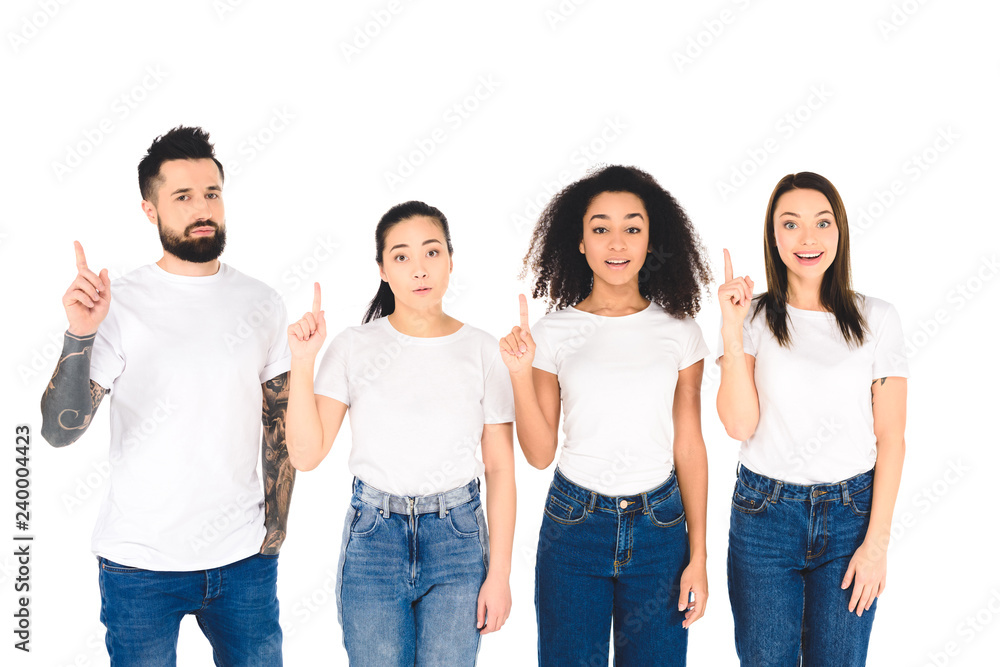 multicultural group of friends looking at camera and diong idea gesture isolated on white multicultural group of friends looking at camera and diong idea gesture isolated on white