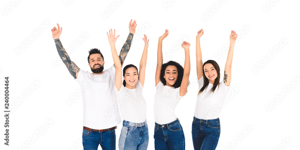 multicultural group of friends raising hands in air and smiling isolated on white multicultural group of friends raising hands in air and smiling isolated on white