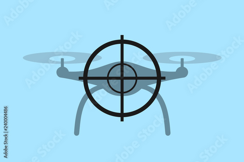 Drone is shot down by gun - defensive protection against invasive flying aerial machine. Airspace security problem. Vector illustration.