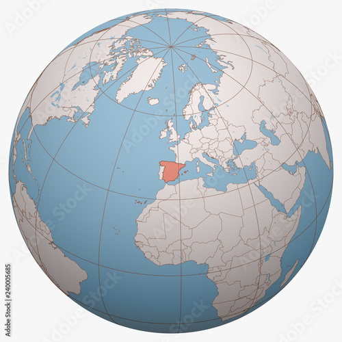 Spain on the globe. Earth hemisphere centered at the location of the Kingdom of Spain. Spain map.