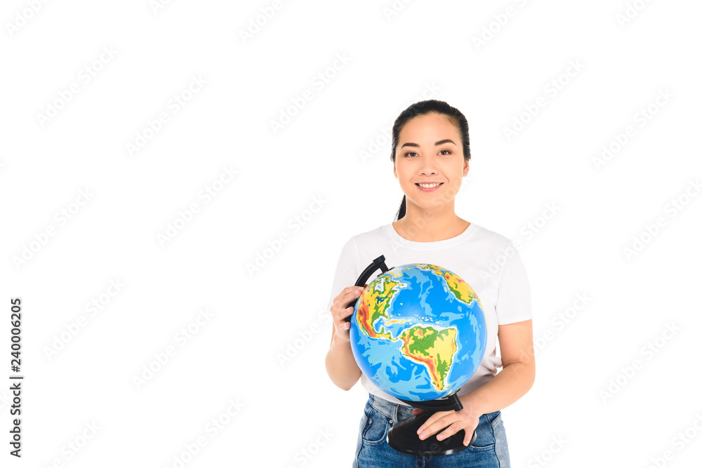 cheerful young woman holding globe isolated on white cheerful young woman holding globe isolated on white