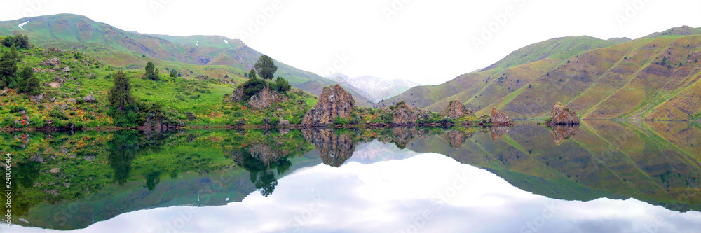 sky reflection in a mountain lake