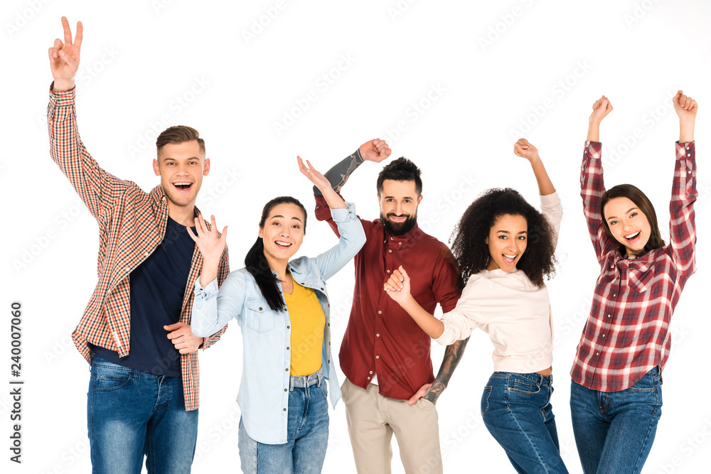 happy multicultural group of people smiling with hands above head isolated on white happy multicultural group of people smiling with hands above head isolated on white