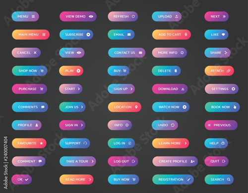 Web buttons collection. Ui, web buttons. Vector buttons on trendy gradients with icons for web and ui design