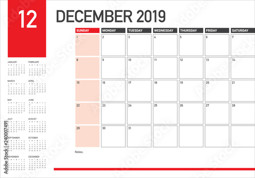 December 2019 desk calendar vector illustration