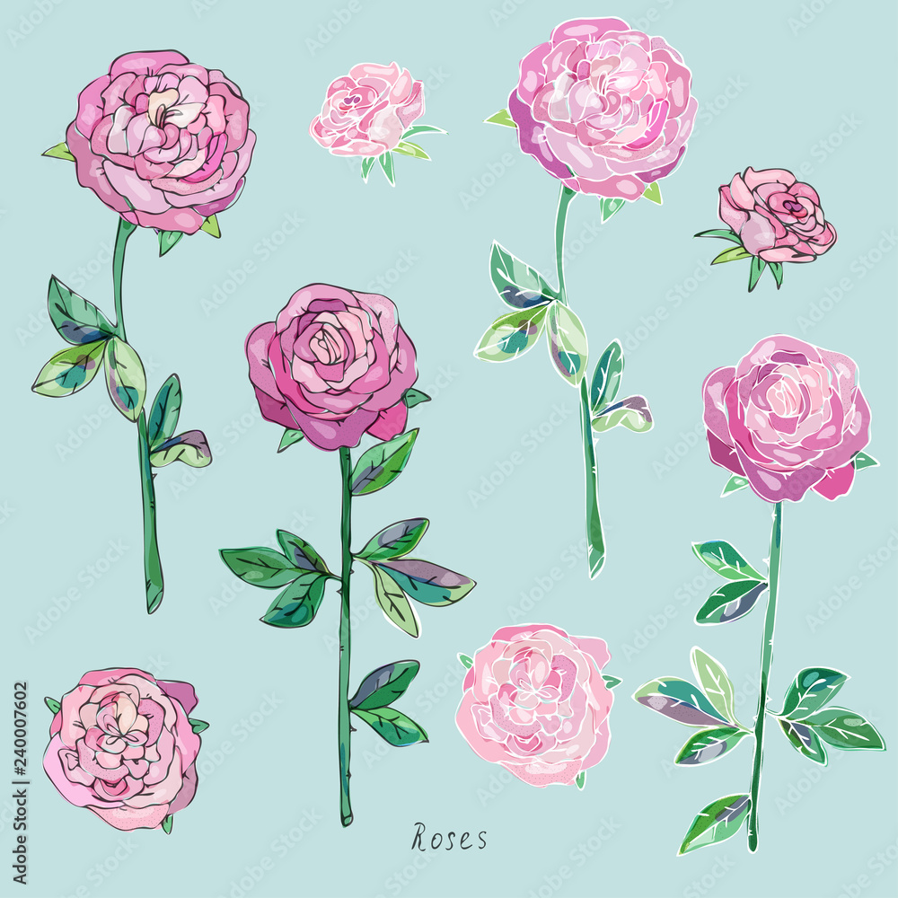 Pink roses with green leaves and stems on a gray-blue background. Imitation of watercolor. Vector illustration. Pink roses with green leaves and stems on a gray-blue background. Imitation of watercolor. Vector illustration.