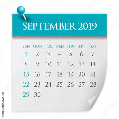 September 2019 monthly calendar vector illustration