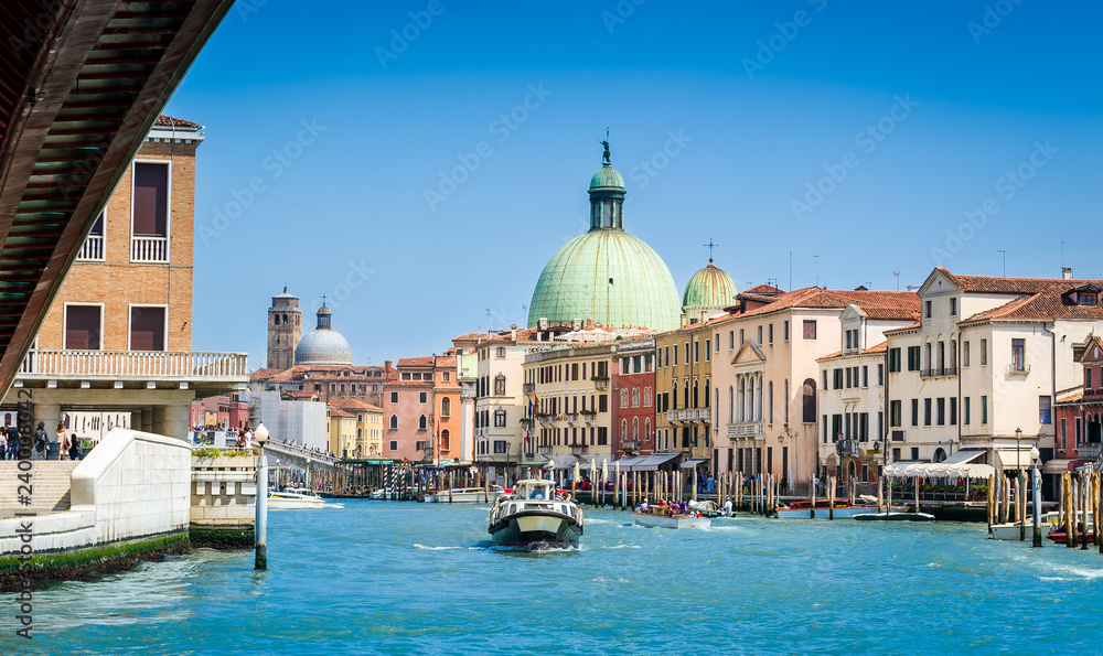 Panoramic sityscape of Venice channel grande with cathedral view.