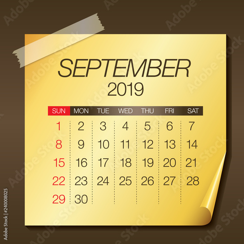 September 2019 monthly calendar vector illustration