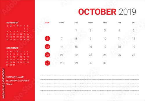 October 2019 desk calendar vector illustration