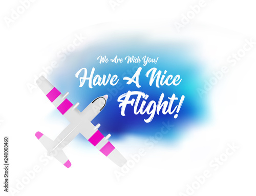 Plane flying in the clouds with the wish of a have a nice flight. Vector top view illustartion