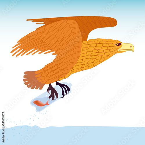 eagle catching a fish in water contaminated by plastics
