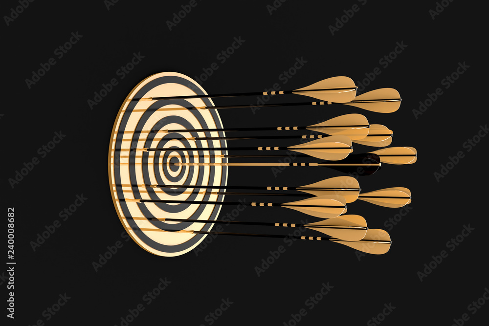 Lav en snemand idiom makker lot of golden arrows hit the gold target in different places on a black  background Stock Illustration | Adobe Stock