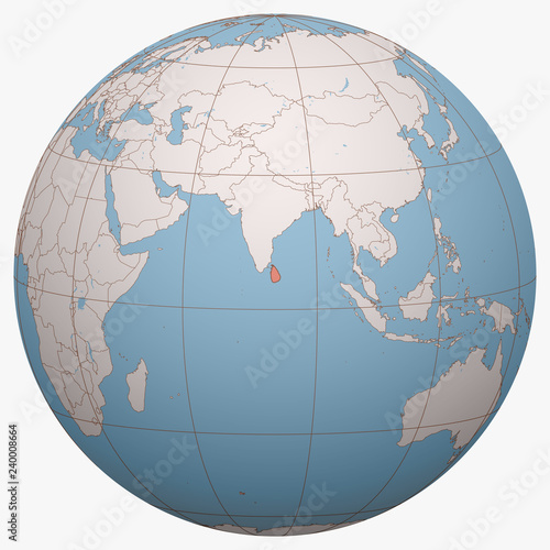 Sri Lanka on the globe. Earth hemisphere centered at the location of the Democratic Socialist Republic of Sri Lanka. Sri Lanka (Ceylon) map.