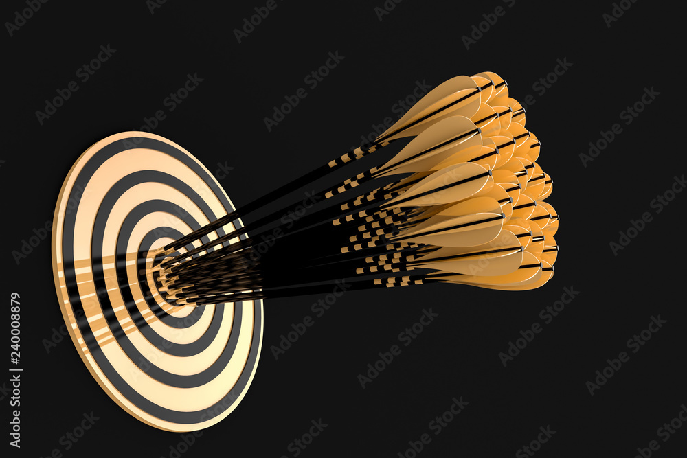lot of golden arrows hit the center of the gold target on a black  background Stock Illustration | Adobe Stock